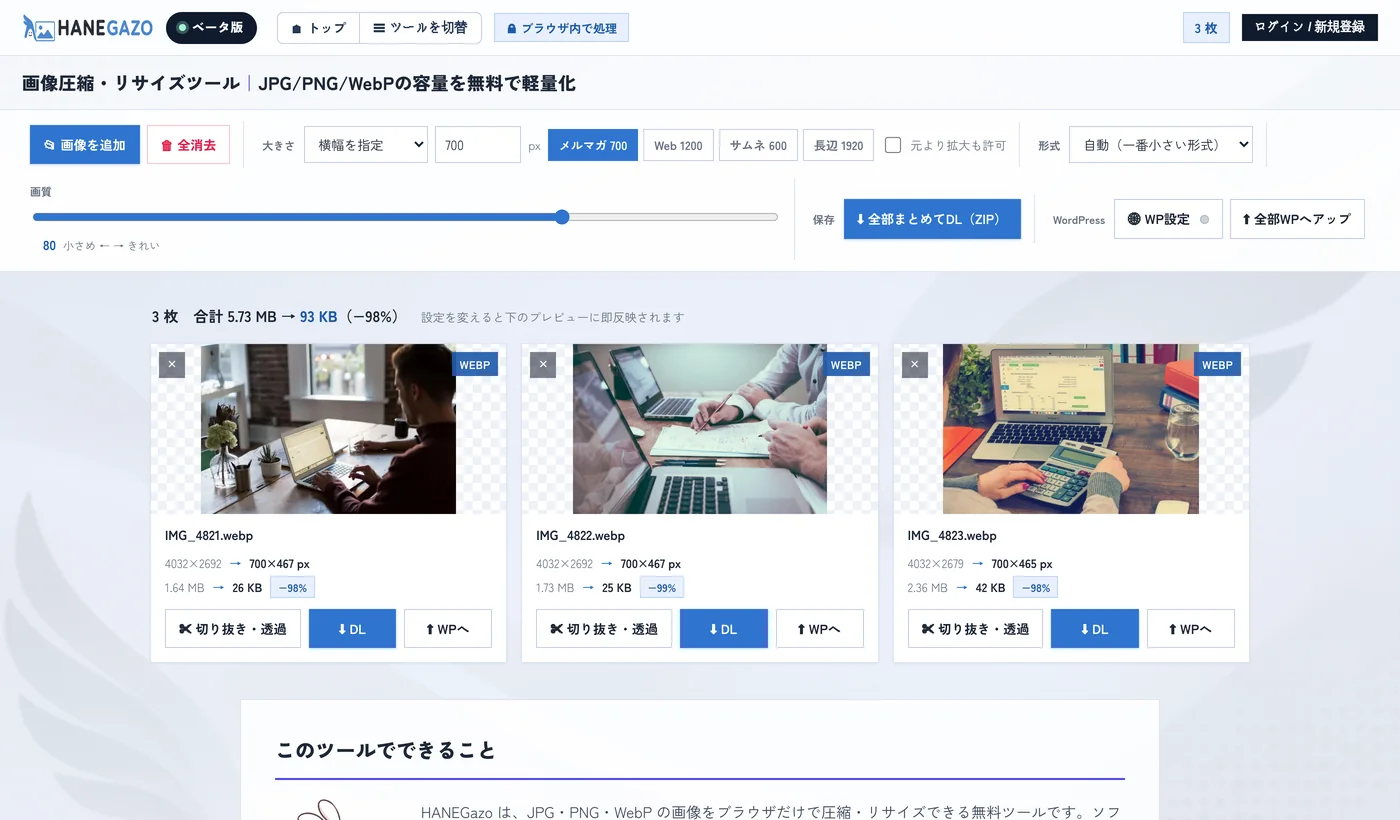 HANEGazoで3枚の写真を圧縮した結果。合計5.73MBが93KBになっている