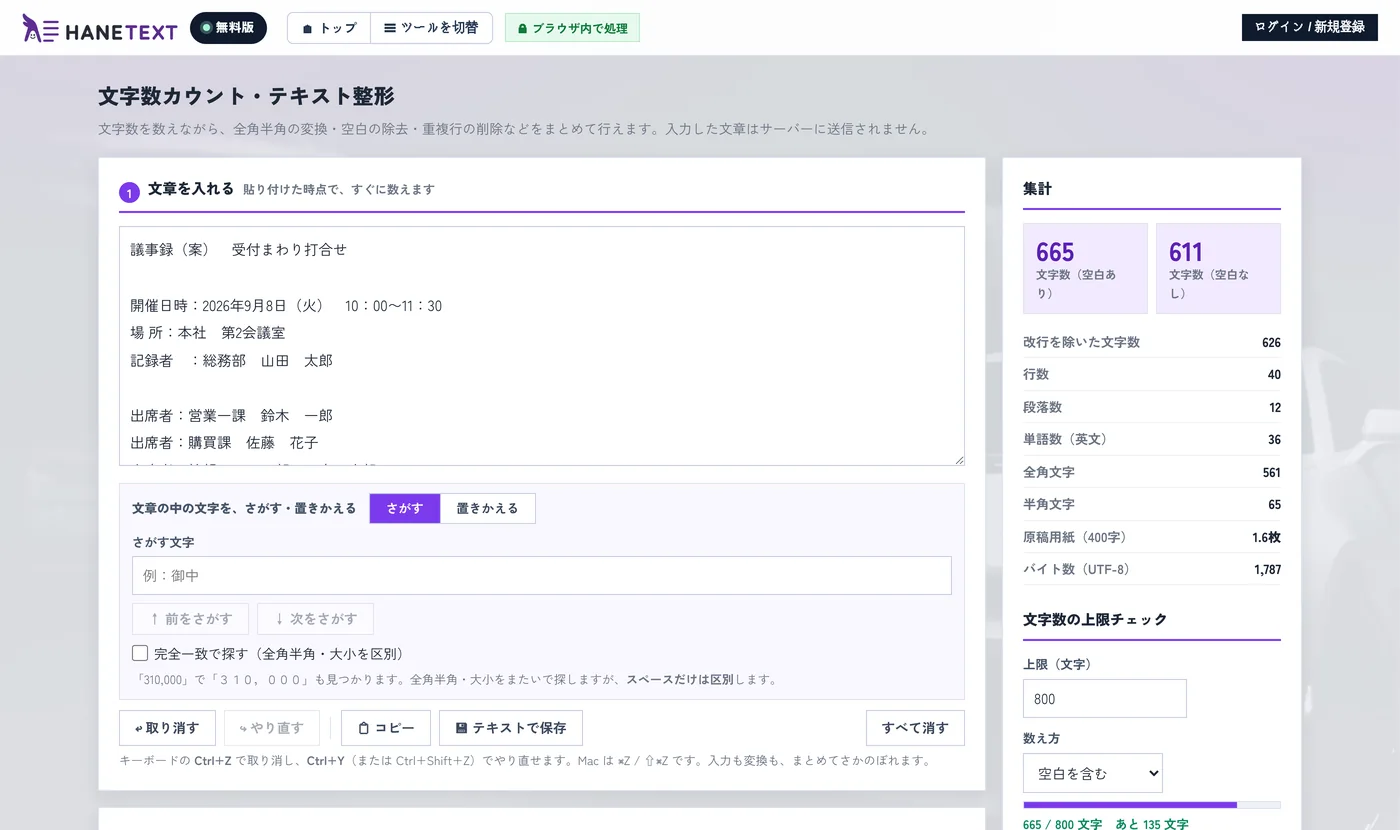 整理を終えた議事録。665文字となり、上限まであと135文字と緑色で表示されている