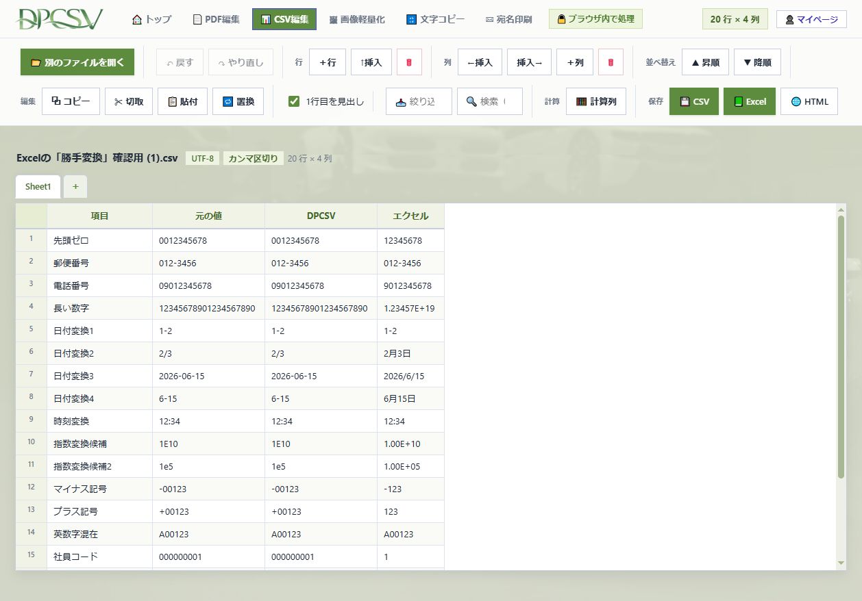 CSVツールで、先頭ゼロや電話番号がExcelのように化けずそのまま表示されている編集画面